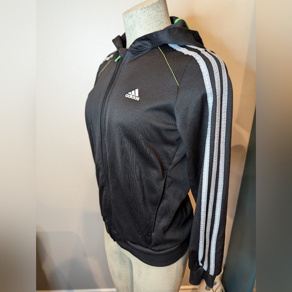 Adidas 3 stripe full zip Black with silver gray stripes. Youth Size L - Picture 3 of 15